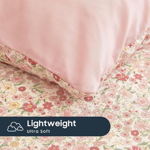Wake In Cloud - Floral Comforter Set, Cute Vintage Flower Cottagecore Aesthetic for Women Teen Girls, Soft Lightweight Dorm Bedding, 3 Pieces, Cream Pink, Twin/Twin XL Size