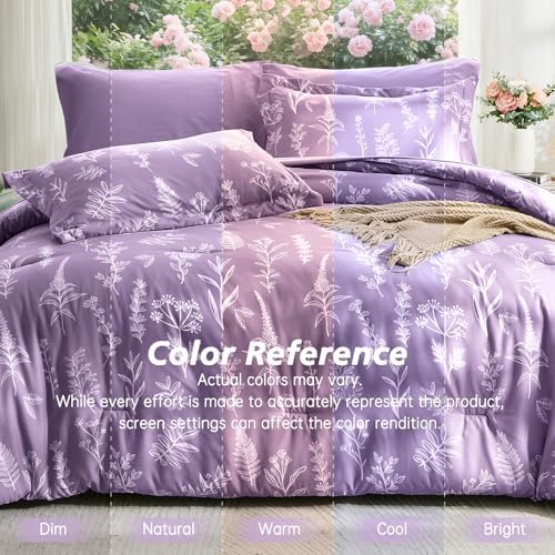 MUXHOMO Grayish Purple Full Comforter Set, Elegant Floral Print Bed in a Bag 7 Pieces, Ultra Soft & Breathable Reversible Botanical Pattern Bedding Set with Comforter, Sheets, Pillowcases, and Shams