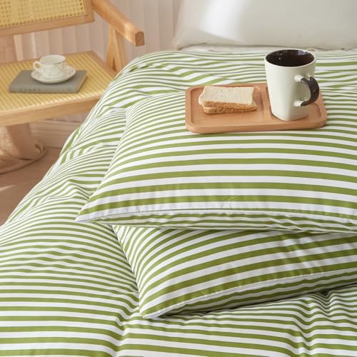 LifeTB King Size Comforter Set Modern Striped Comforter Set King Green White Stripes Pattern Comforter 3 Pieces Lightweight Bedding Comforter Set Boho Stripe Soft Fluffy Comforter with 2 Pillowcases