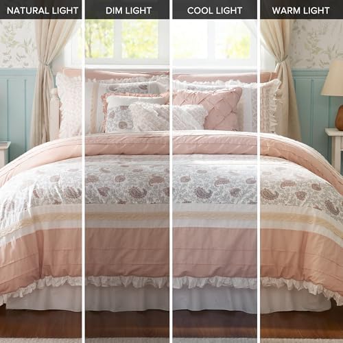 Madison Park Dawn 100% Cotton Shabby Chic Comforter Set-Modern Cottage Design All Season Down Alternative Bedding, Matching Shams, Bedskirt, Decorative Pillows, King(104"x92"), Blush 9 Piece