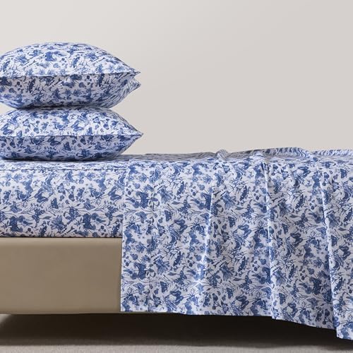 FADFAY Blue Toile Sheets Set Cal King French Country Farmhouse Bedding Vintage Butterfly Floral Bedding 100% Egyptian Cotton Soft Sheet Set with Deep Pocket Fitted Sheet 4Pcs, California King Size