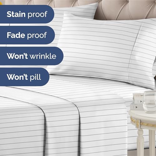 Queen 4 Piece Striped Sheet Set - Soft, Breathable & Cooling - Grey Stripe