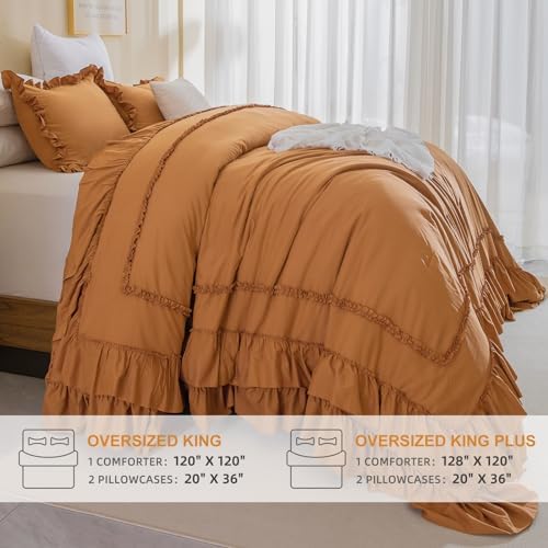 Masaca Pumpkin Oversized King Comforter 128x120,Farmhouse Shabby Boho Chic Ruffled Bedding Comforter Set,3 Pieces Fluffy Brown Orange Ruffle Extra Large King Comforter Set Ultra Soft
