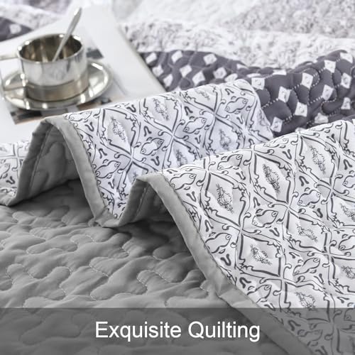 WONGS BEDDING Grey Full Size Quilt Set, Bohemian Striped Bedspreads