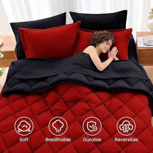 MUXHOMO 7 Pieces King Comforter Set, Reversible Bed in a Bag King Size, All Season Bedding Set with Comforter, Flat Sheet, Fitted Sheet, Pillowcases & Shams, Red & Black