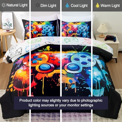 Full Size Comforter Set for Boys, 5 Pieces Graffiti Gamer Bedding Set