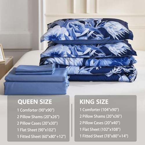 Luxudecor Floral Comforter Set Queen Size 7 Piece, Navy Blue Flower Bed in a Bag, Elegant Floral Comforter with Sheet Set, Soft Microfiber Bedding Set for All Season (Navy Blue, 90"x90")