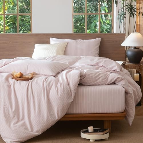 MooMee Striped Duvet Cover Set 100% Washed Cotton Linen Like Twin