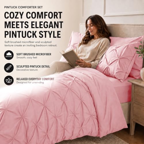 HIMEET Queen Comforter Set Pink - 7 Pieces Pintuck Bed in a Bag