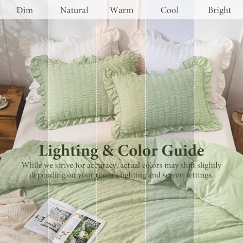 JOLLYVOGUE Sage Green Queen Comforter Set, 3 Pieces Seersucker Comforters Queen Size, Lightweight & Fluffy Bedding Sets Queen for All Season with 1 Ruffle Comforter and 2 Ruffle Pillowshams