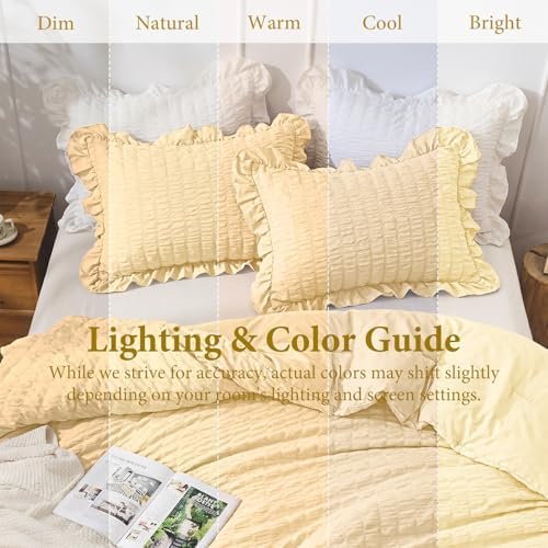 JOLLYVOGUE Full Size Comforter, 3 Pieces Light Yellow Seersucker Lightweight Full Size Bedding, All Season Fluffy Microfiber Bedding Comforter Set with 1 Ruffle Comforter and 2 Ruffle Pillowshams