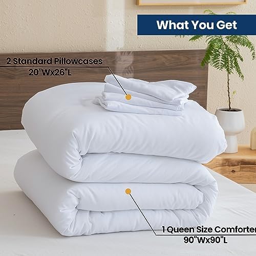 Paxrac Classic Pure White Comforter Queen Size, 3 Pieces Boho Comforter Set, Lightweight Solid Bedding Set, All Seasons Soft Breathable Queen Comforter Set (90x90In Comforter & 2 Pillowcases)