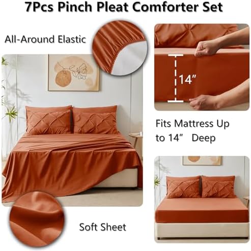 HIMEET Full Size Comforter Set Burnt Orange - 7 Pieces Pintuck Bed in a Bag