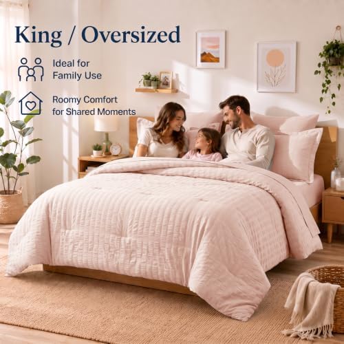 CozyLux Oversized King Comforter Set 120x98, 7-Piece Blush Pink Seersucker