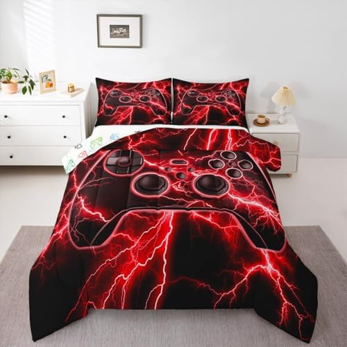 Erosebridal Gaming Comforter Set Gamer Girl Toddler Bedding Set, Retro Game Console Comforter Red Lightning Quilt,Kids Bedroom Decor