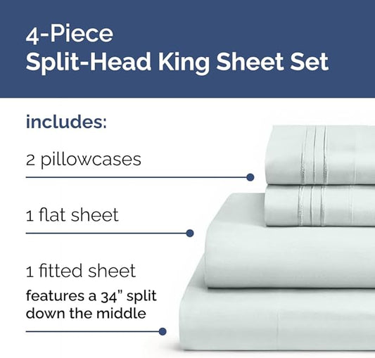 Flex Top Split Head King 4 Piece Sheet Set - Comfy Breathable & Cooling Bed Sheets Set - Hotel Luxury Bedding for Women, Men, Kids, Teens, Boys & Girls - Deep Pockets, Ultra-Soft - Oeko-Tex - Ice Blue