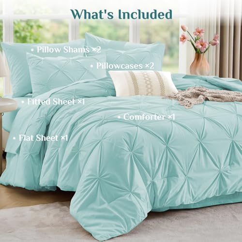 JOLLYVOGUE Queen Comforter Set 7 Pieces - Bed in a Bag Queen for All Season, Pintuck Bedding Comforter Sets with Comforter, Flat Sheet, Fitted Sheet and Pillowcases & Shams, Lake Blue