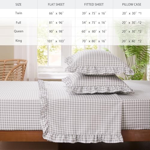 Gingham Queen Sheet Set, Lightweight Super Soft Brushed Microfiber Plaid Bed Sheets with 16" Deep Pocket, 4 Piece Ruffle Farmhouse Bedroom Decor, Gray