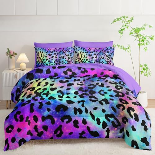 7Pcs Comforter Set Purple Leopard Printed Bedding Set with 1 Comforter, 1 Flat Sheet, 1 Fitted Sheet and 4 Pillowcases for Boys and Girls Bedroom All Season(Full)