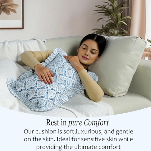 CPC Block Print Indigo Regal Ruffle Cotton Lumbar Pillow Cover 12x20 inch