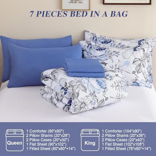 Luxudecor Queen Floral Comforter Set-7 Pieces Blue Bed in a Bag,Blue Flower Print on White Bedding Set,Soft Microfiber Comforter with Sheets for All Seasons (Blue,90"x90")