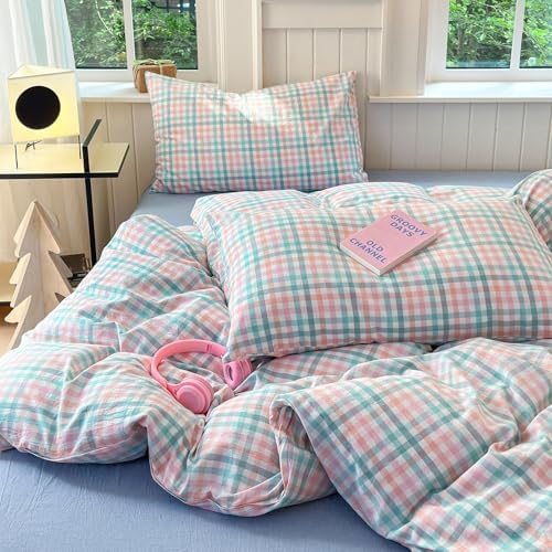 LifeTB Gingham Comforter Set King 3 Pieces Multi-Colored Grid Comforter Lightweight Checkered Plaid Comforter Set with 2 Pillowcases Fluffy Soft Grid Printed Pattern Farmhouse Gingham Bedding Set