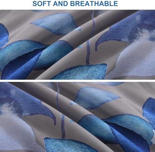 DJY King Size Comforter Set, Dark Grey Botanical Leaves Comforter Set King, 3 Pieces Reversible Blue Floral Bed Comforter Sets Soft Microfiber Bedding Comforter Set for All Season (90"x104")