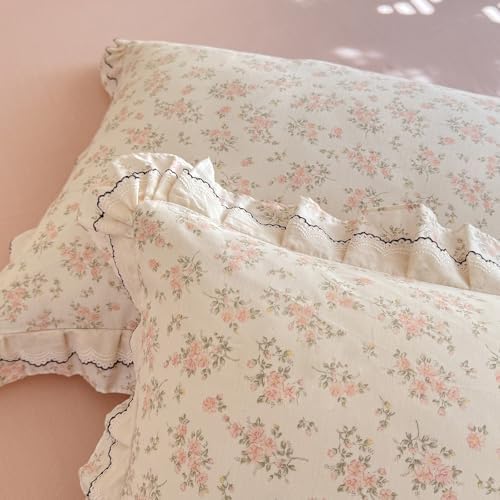 mixinni Shabby Chic Floral Duvet Cover Set Twin, 100% Cotton Cottagecore Bedding with Double Ruffle Lace Trim, Reversible Pink Rose Flower Vintage Farmhouse Comforter Cover with Zipper & Corner Ties