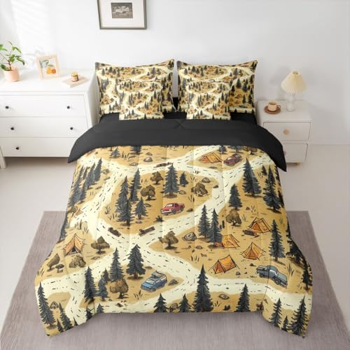 Erosebridal Camping Map Kids 7 Pcs Bedding Set King Size Camper Adventure Bed in A Bag Vintage Rv Farmhouse Comforter Set with Sheets Mountain Pine Tree Bed Sets for Boys Teens Men Bedroom Decor