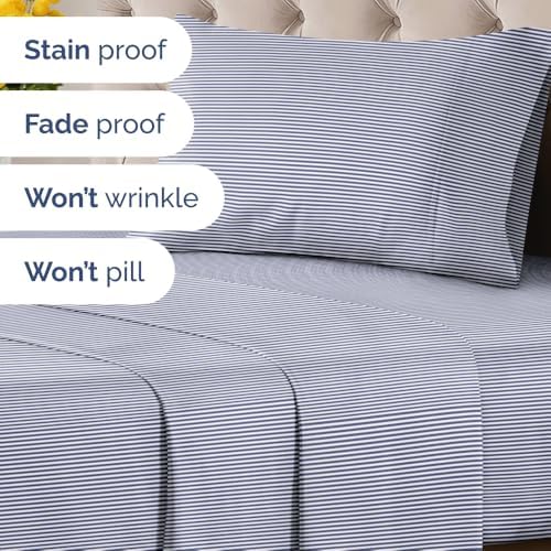 Twin XL 3 Piece Striped Sheet Set - Soft, Breathable & Cooling - Navy Ombre