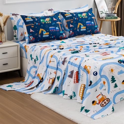 Holawakaka Boys Construction Truck Excavator Twin Comforter Set with Sheets