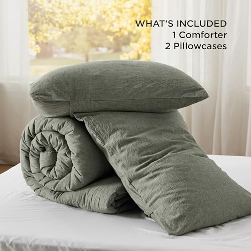 Bedsure PureWoven Cotton Comforter Set Prewashed, Cal King, Olive Green