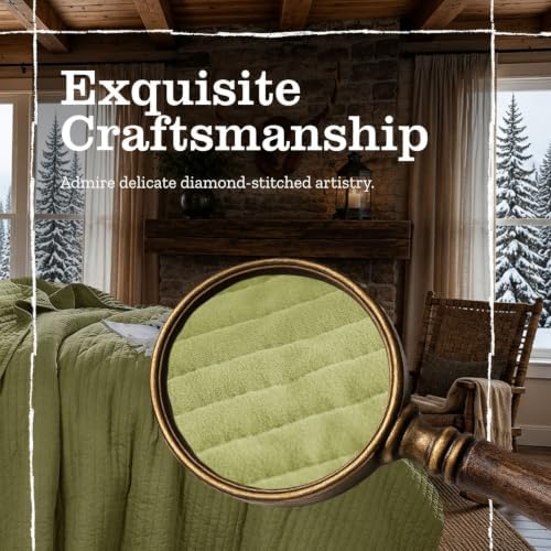 DOWN HOME King Quilt Bedding Set with Shams, Vintage Washed Soft Quilted Blanket Thin Comforter Lightweight Bedspread Coverlet Bed Cover, Brushed Microfiber Stripe Stitching, Golden Olive, 104"x90"