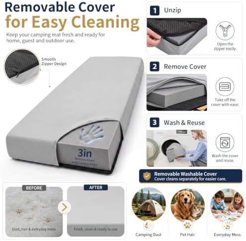 CYMULA Memory Foam Camping Mattress Pad,Sleeping Pad for Camping,Non-Slip Bottom Floor Car Mattress Bed with Retaining Portable Roll up Mattress Pad Mat for Travel Truck Guest Bed Tent