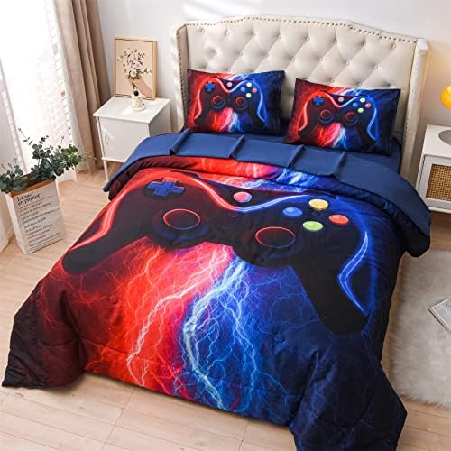 Meeting Story Gamer Gaming Bedding Sets Red Blue Lightnings Gamepad Comforter Set for Boys Games Console Action Buttons Novelty Colorful Modern Room Decor Home Quilt Set (Red-Blue, Full 5Pcs)