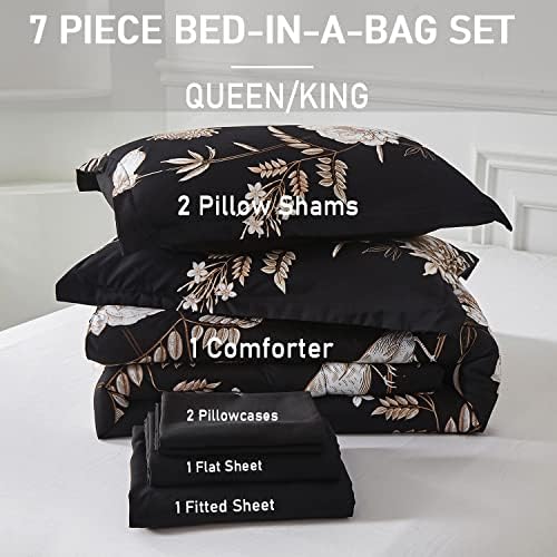 Yogeneg 7 Piece Bed in a Bag Queen Comforter Set Botanical Floral Bedding Set,Flower Leaves Brids Printed on Black Reversible Design,Soft Microfiber Comforter with Sheet Set,All Season(Black B,Queen)