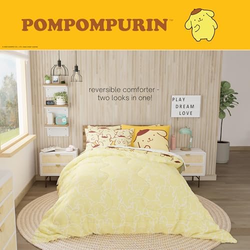 Sanrio Pompompurin Bedding Set, Queen Size 7 Piece Set Kids Super Soft Cozy Reversible Comforter and Sheet Set with Sham, (100% Officially Licensed Product) by Franco