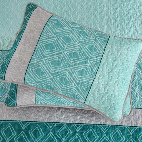 Cottolester Teal Quilt Set King Size,3 Pieces Blue Striped Plaid Bedspread