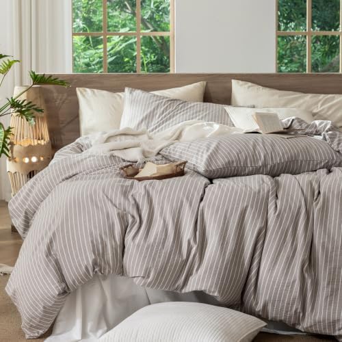 MooMee Striped Duvet Cover Set 100% Washed Cotton Linen Like King