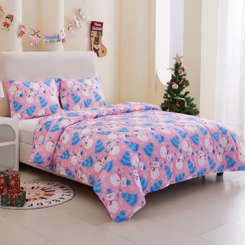 Yibeizi Pink Christmas Comforter Set Twin Kids Cute Snowman Xmas Bedding
