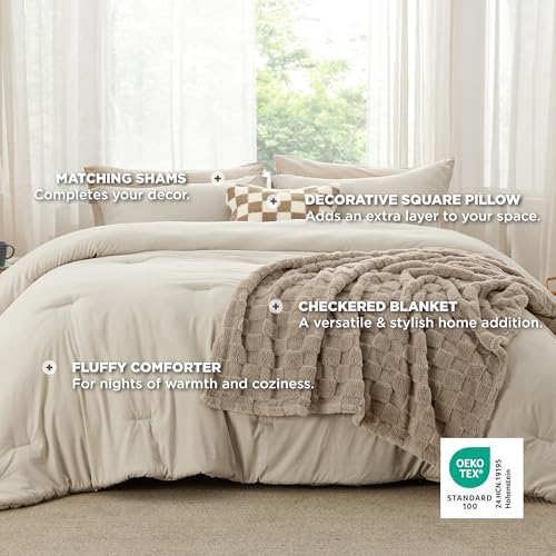 Bedsure Queen Bedding Set -5 Pieces Boho Comforter Sets Queen Size with Checkered Throw Blanket, Decorative Pillow, Lightwight Bedding for All Season, Fluffy Soft Bedding Set, Linen Beige Brown