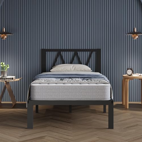Avenco 14 Inch Twin Bed Frame with Headboard, Metal Platform Bed Frame, Twin Size Bed Frame No Box Spring Needed, Easy Assembly, Heavy Duty Slats Support, Black