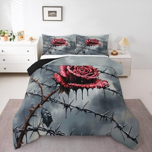 Red Rose Flowers Kids Comforter Set Full Size,Happy Halloween Western Holiday Bedding Set,Girls Boys Room Decor,Blood Floral Gothic Vintage Quilt Comforter,Red Romantic Duvet Insert,2 Pillowcases