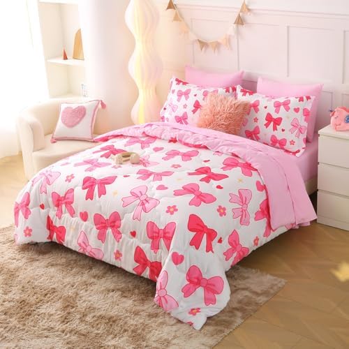 7 Piece Pink Bow Bedding Set for Girls Kids Full Size Bowknot Comforter Set Super Soft Cute Bed in a Bag Microfiber Lightweight Bed Set for Teens Room Decor