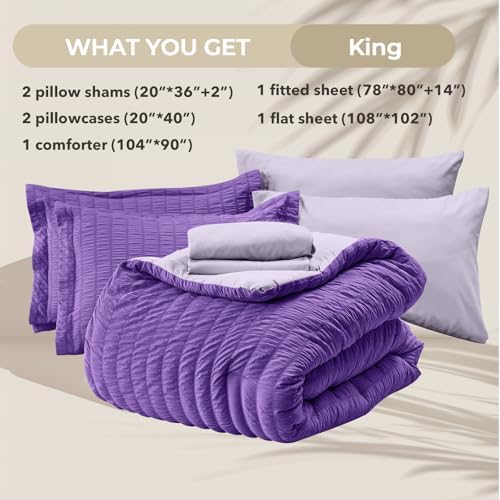 HYMOKEGE Dark Purple/Lavender King Size Comforter Set Seersucker 7 Pieces, All Season Luxury Bed in a Bag for Bedroom, Bedding Set with Comforter, Sheets, Pillowcases & Shams
