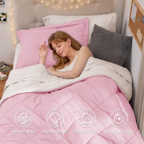 MUXHOMO 5 Pieces Twin XL Comforter Set, Reversible Bed in a Bag Twin XL Size, All Season Bedding Set with Comforter, Flat Sheet, Fitted Sheet, Pillowcases & Shams, Light Pink & Ivory