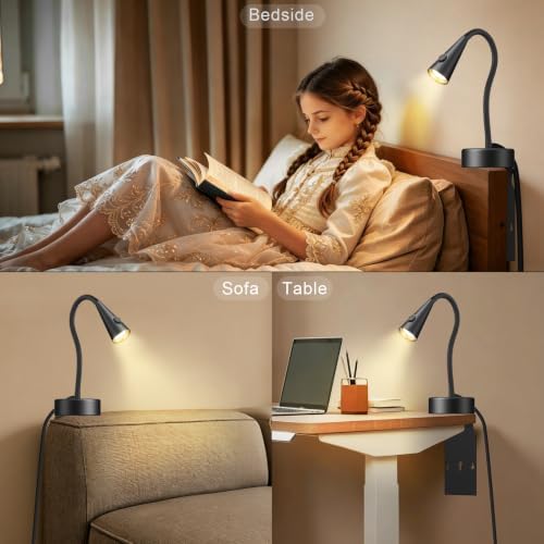 Headboard Reading Light, Black Bedside Lamp, No-Drill Book Light for Bedtime Reading, Dimmable LED, Flexible Gooseneck, 360°Adjustable, Plug-in Reading Lamp Movable-2 Pack