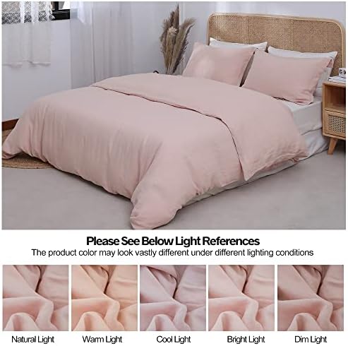 Simple&Opulence 100% Linen Duvet Cover Set 3pcs Basic Style Natural French Washed Flax Solid Color Soft Breathable Farmhouse Bedding with Button Closure - Blush Pink, Full