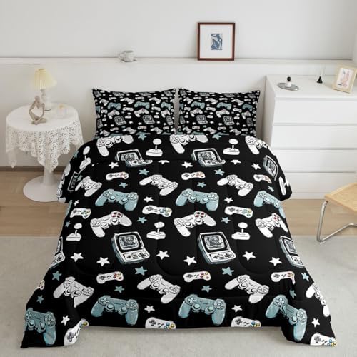 Castle Fairy Gamepad Comforter Set Queen Size,Video Gaming Black Down Alternative Adults Room Decor,Kids Games Consoles Ultra Soft Microfiber Inner Fill 3Pcs Bedding