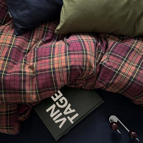 mixinni Vintage Burgundy Buffalo Plaid Comforter Cover Set King Size - 3 Piece Mid-Century Modern Washed Cotton Bedding, Soft Breathable Grid Duvet Cover with Matching Pillowcases for All-Season
